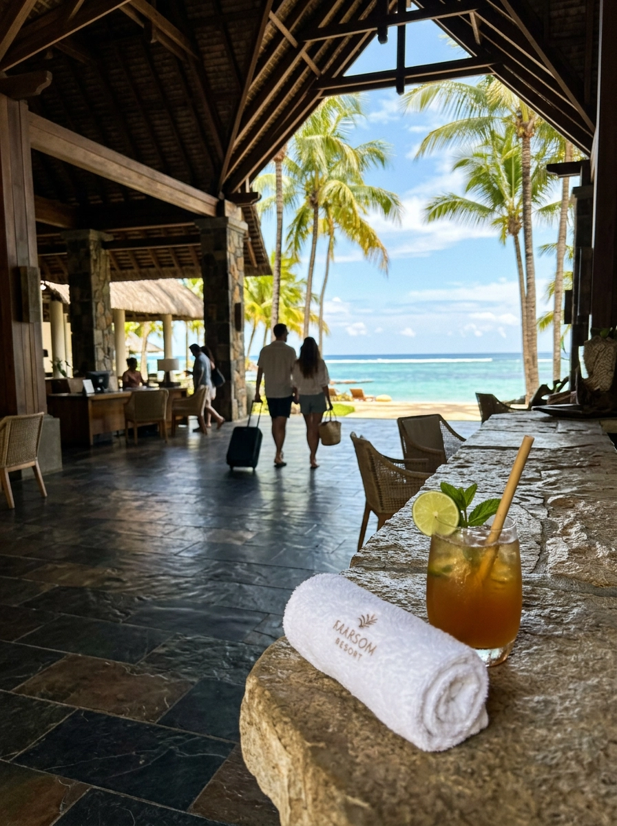 Open-air resort lobby with a welcome drink and cold towel on arrival