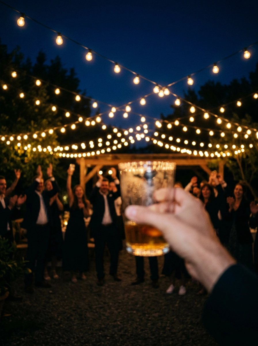 Outdoor evening awards celebration under strings of warm lights