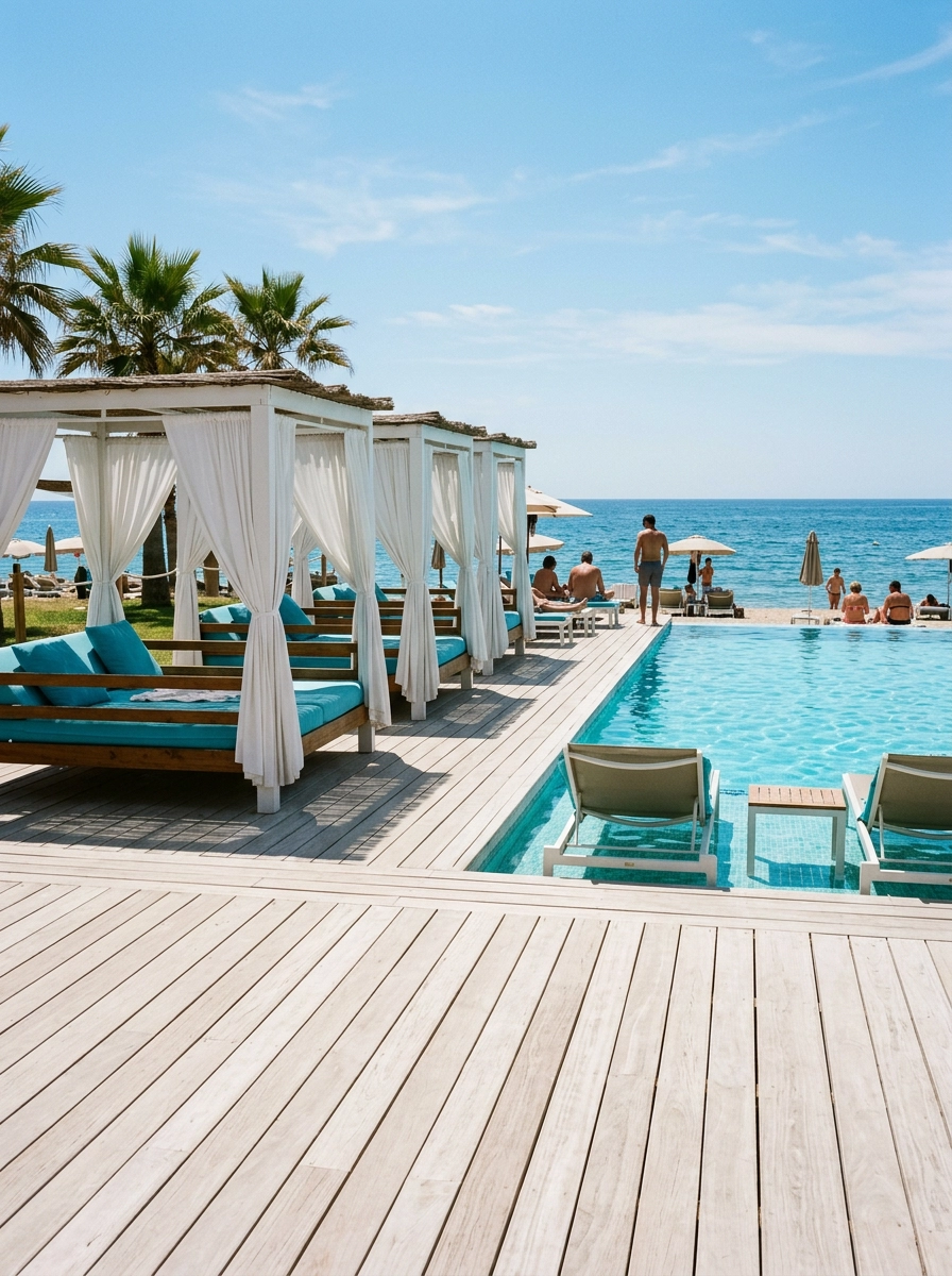 Beach club cabanas and daybeds beside a turquoise pool