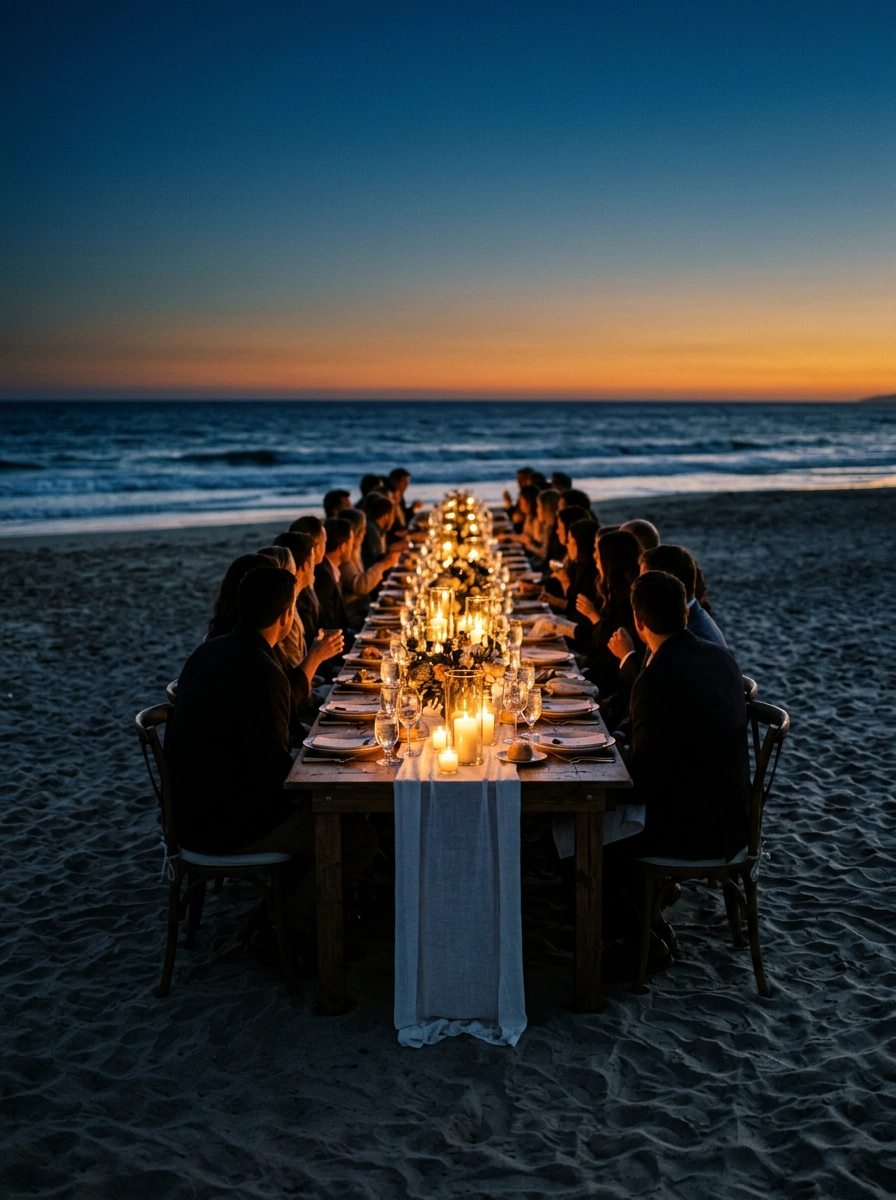 Long dinner table set on the beach at dusk with candlelight