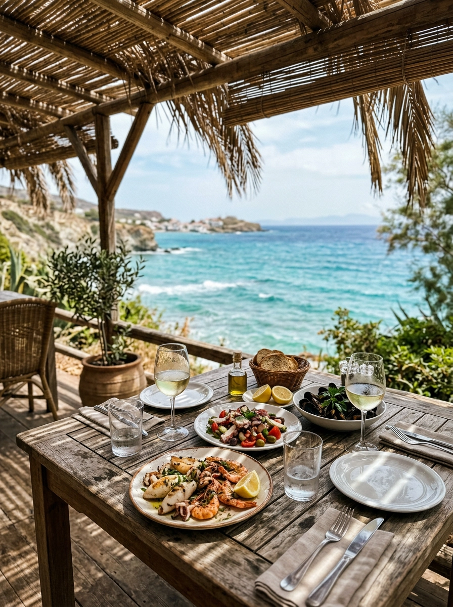 Shaded terrace lunch table with seafood and wine by the sea