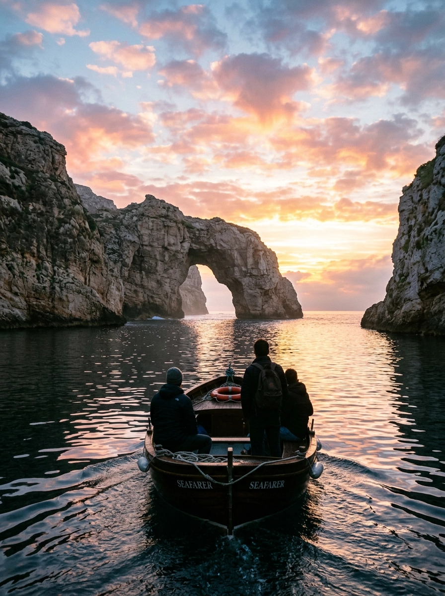 Boat heading toward sea cliffs and a rock arch at sunrise